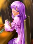  1girl ;d alcohol bangs blunt_bangs blush book bookshelf bottle chair dress drink drunk frills glass hand_on_own_arm head_tilt indoors jacket long_hair looking_at_viewer nose_blush one_eye_closed open_clothes open_jacket open_mouth patchouli_knowledge purple_dress purple_hair rody_(hayama_yuu) smile table tipsy touhou vertical-striped_dress vertical_stripes very_long_hair violet_eyes 