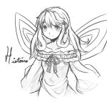  1girl artist_request bare_shoulders blush character_name fairy histoire long_hair looking_at_viewer monochrome neptune_(series) sketch smile solo source_request wings 