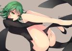  1girl 2015 :o artist_name ass bangs bare_legs black_dress black_shoes brown_background cowboy_shot curly_hair dated dean dress green_eyes green_hair highres legs_up long_sleeves looking_at_viewer no_panties onepunch_man open_mouth panties shoes short_hair side_slit signature simple_background solo tatsumaki underwear 