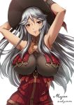  1girl albino arms_up bangs belt between_breasts blush breasts buckle character_name cleavage closed_mouth granblue_fantasy grey_hair hands_on_own_head hat lipstick long_hair magisa_(granblue_fantasy) makeup red_eyes sakiyamama side_cutout simple_background sitting smile solo twitter_username upper_body very_long_hair white_background witch witch_hat wrist_cuffs 
