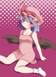  &gt;:( 1girl bare_shoulders bat_wings blue_hair blush chemise collarbone commentary halftone halftone_background hammer_(sunset_beach) hat looking_at_viewer mob_cap no_shoes pink_eyes polka_dot polka_dot_background purple_background remilia_scarlet short_hair sitting socks solo touhou wariza wings 