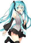  1girl aqua_eyes aqua_hair bare_shoulders black_legwear boots detached_sleeves hatsune_miku headset long_hair looking_at_viewer necktie open_mouth skirt sleeveless smile solo thigh-highs thigh_boots tika_(mika4975) twintails very_long_hair vocaloid 