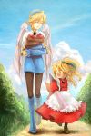  2girls angel_wings blonde_hair blue_boots boots breasts breath_of_fire breath_of_fire_iv child crossover dress hairband knee_boots multiple_girls nina_(breath_of_fire_iii) nina_(breath_of_fire_iv) outdoors pantyhose short_hair skirt sky staff white_wings wings younger 