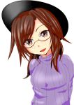  1girl absurdres alternate_costume ardens arms_behind_back blush brown_eyes brown_hair glasses hat head_tilt highres looking_at_viewer open_mouth ribbed_sweater semi-rimless_glasses short_hair simple_background solo sweater touhou turtleneck under-rim_glasses upper_body usami_sumireko white_background 