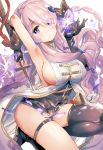  1girl arm_up armpits belt black_gloves black_legwear blue_eyes boots braid breasts butterfly demon_horns elbow_gloves gloves granblue_fantasy hair_ornament hair_over_one_eye holding_sword holding_weapon horns katana large_breasts lavender_hair long_hair mismatched_gloves narumeia_(granblue_fantasy) one_knee pointy_ears scabbard sheath sideboob single_braid single_thighhigh solo sword tetsujin_momoko thigh-highs thigh_strap unsheathed very_long_hair weapon 