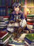  1boy bangs black_gloves black_hair book book_stack bookshelf boots brown_boots buttons commentary_request company_name fire_emblem fire_emblem:_kakusei full_body gloves hood_down hooded_jacket jacket lantern light_particles long_sleeves looking_at_viewer male_focus mark_(fire_emblem) matsurika_youko on_floor open_book open_mouth pants purple_jacket short_hair sitting smile star watermark white_pants yellow_eyes 