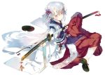  1girl ankle_wraps bell blue_hair geta hakama holding_sword holding_weapon horns japanese_clothes karei_(hirameme) katana kimono long_hair no_socks original sandals sheath sheathed simple_background sitting sword very_long_hair violet_eyes weapon white_background 