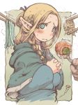  1girl blonde_hair braid chopsticks dungeon_meshi elf food fork hood ibukichi mandrake marushiru pointy_ears robe saliva solo_focus spoon 