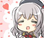  1girl =_= beret blush closed_eyes commentary_request engiyoshi epaulettes grey_hair hat heart jacket kantai_collection kashima_(kantai_collection) kerchief long_hair military military_uniform open_mouth solo twintails uniform upper_body wavy_hair 