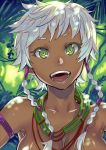  1girl :d armlet bare_shoulders braid breasts close-up commentary_request dappled_sunlight dark_skin face green_eyes hair_ornament long_hair looking_at_viewer nanboku open_mouth original silver_hair smile solo teeth tribal twin_braids upper_body 