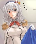 ... 1girl blanket blue_eyes blush breasts epaulettes from_below gloves grey_hair hat kantai_collection kashima_(kantai_collection) kerchief lifting_covers looking_down ogros solo tsurime twintails wavy_hair white_gloves 