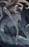  1girl ass blue_eyes bodysuit breasts cape gloves glowing glowing_eyes hat headgear heterochromia highres kantai_collection long_hair looking_back pale_skin shinkaisei-kan silver_hair sitting solo teeth tentacles undeedking wo-class_aircraft_carrier yellow_eyes 