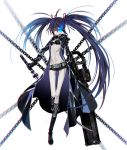  1girl arm_cannon bangs belt bikini_top black_boots black_gloves black_hair black_rock_shooter black_rock_shooter_(character) black_shorts blue_eyes blue_hair blurry boots breasts buckle chain choker chromatic_aberration closed_mouth coat dual_wielding full_body gloves glowing glowing_eye groin hair_between_eyes hair_ribbon katana knee_boots lens_flare long_hair long_sleeves looking_at_viewer midriff pale_skin ribbon scar shorts simple_background solo sword twintails under_boob uneven_twintails very_long_hair vkekrdhs weapon white_background 