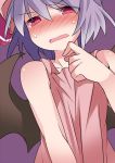  1girl bare_shoulders bat_wings blush camisole commentary embarrassed hammer_(sunset_beach) hat lavender_hair open_mouth pink_eyes remilia_scarlet solo touhou wings 