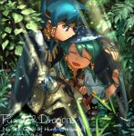  2boys :d blue_cape blue_hair cape closed_eyes dagger forest green_hair holy_pumpkin japanese_clothes jewelry leaf multiple_boys nature open_mouth puzzle_&amp;_dragons red_eyes river smile squirrel umisachi_&amp;_yamasachi_(p&amp;d) weapon 