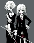  1girl androgynous bangs black_eye blood bloody_clothes bruise crona_(soul_eater) dress injury looking_at_viewer maka_albarn necktie ragnarok_(demon_sword) sakurazawa_izumi school_uniform short_hair skirt soul_eater soul_eater_(character) sword twintails weapon 