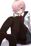  1girl alternate_costume black-framed_glasses black_legwear blush eyebrows eyebrows_visible_through_hair fate/grand_order fate/stay_night fate_(series) hair_over_one_eye highres hood_down hooded_jacket long_sleeves looking_at_viewer miniskirt necktie no_shoes off_shoulder pantyhose pink_hair red_necktie shielder_(fate/grand_order) shiime short_hair simple_background sitting skirt solo thighband_pantyhose unzipped upskirt violet_eyes white_background zipper 