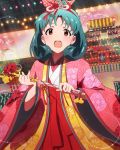  1girl artist_request brown_eyes earrings green_hair hair_ornament holding idolmaster idolmaster_million_live! japanese_clothes jewelry looking_at_viewer official_art open_mouth short_hair solo tokugawa_matsuri 