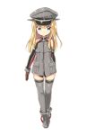  1girl armband bare_shoulders bismarck_(kantai_collection) blonde_hair blue_eyes detached_sleeves gloves hat iron_cross kantai_collection long_hair military military_uniform peaked_cap solo standing thigh-highs uniform white_background yoshikita_popuri younger 
