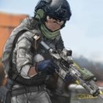  1girl artist_name assault_rifle backpack bag brown_eyes brown_hair chevasis eotech glasses gloves gun headset heckler_&amp;_koch helmet hk416 laser_sight military operator original rifle scarf trigger_discipline weapon 