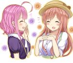  2girls closed_eyes commentary_request gakkou_gurashi! gochuumon_wa_usagi_desu_ka? hat highres hoto_mocha kayano_ai long_hair manga_time_kirara mizukoshi_(marumi) multiple_girls open_mouth pink_hair sakura_megumi seiyuu_connection short_hair smile 