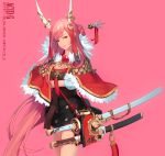  1girl absurdres acid_g artist_name braid crossed_arms dragon fur hair_ornament highres horns jewelry katana lipstick long_hair looking_at_viewer makeup pink_hair red_eyes simple_background slit_pupils solo sword very_long_hair weapon 