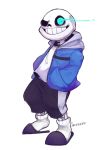  1boy glowing glowing_eye grin hands_in_pockets hoodie jarvis0201 sans shorts skeleton slippers smile socks solo tagme undertale 