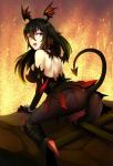  1girl ass bare_back beifeng_han black_gloves black_hair breasts chain demon_girl demon_tail elbow_gloves fangs gloves hair_between_eyes head_wings horns large_breasts long_hair looking_back miyaura_sanshio original pantyhose solo tail torn_clothes violet_eyes 