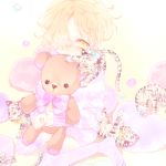  1boy blonde_hair chiyori freckles gokotai gokotai&#039;s_tigers hair_over_one_eye heart heart_pillow male_focus over-kneehighs pillow sitting stuffed_animal stuffed_toy teddy_bear thigh-highs tiger tiger_cub touken_ranbu wariza white_legwear white_tiger yellow_eyes 