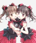  2girls babymetal bangs bare_shoulders black_hair blunt_bangs brown_eyes brown_hair cheek-to-cheek commentary_request drill_hair haiiro hug kikuchi_moa lolita_fashion long_hair looking_at_viewer mizuno_yui multiple_girls scrunchie twin_drills twintails 