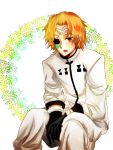  1boy arrancar bleach blonde_hair eyepatch facial_mark gloves mataari21krmn open_mouth simple_background sitting solo tesra_lindocruz white_background yellow_eyes 