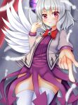 1girl angel_wings blush bow brooch dress feathers groin highres jacket jewelry kishin_sagume long_sleeves looking_at_viewer no_panties open_clothes open_jacket outstretched_hand pink_eyes purple_dress see-through silver_hair single_wing solo thigh-highs tokoya touhou white_legwear wings 