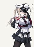  1girl ;o black_gloves black_legwear blonde_hair blue_eyes blush breasts gloves graf_zeppelin_(kantai_collection) hat hat_tip iron_cross iwasaki_takashi kantai_collection military military_hat military_uniform one_eye_closed pantyhose peaked_cap pleated_skirt simple_background skirt solo translated twintails uniform white_background 