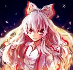  1girl bow fujiwara_no_mokou hair_bow long_hair potatotop red_eyes shirt silver_hair smile solo suspenders touhou upper_body very_long_hair white_hair white_shirt 