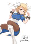  1girl blonde_hair blue_dress boots bracelet breasts brown_eyes brown_legwear bun_cover china_dress chinese_clothes chun-li cross-laced_footwear double_bun dress gita_(granblue_fantasy) granblue_fantasy highres jewelry lying pantyhose pelvic_curtain pokasu puffy_short_sleeves puffy_sleeves short_hair short_sleeves solo spiked_bracelet spikes unitard white_boots 