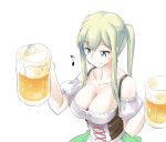  1girl alcohol beer beer_mug blue_eyes breasts cleavage collarbone dirndl german_clothes graf_zeppelin_(kantai_collection) kantai_collection large_breasts long_hair musical_note simple_background smile solo tamu_(mad_works) tsurime twintails underbust upper_body white_background 