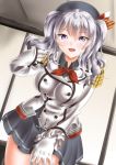  1girl :d blue_eyes blush breasts epaulettes gloves kantai_collection kashima_(kantai_collection) kasugano_tobari large_breasts looking_at_viewer military military_uniform open_mouth silver_hair skirt smile solo twintails uniform wavy_hair 