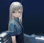  1girl asymmetrical_clothes bangs blonde_hair blue blue_eyes cropped_jacket expressionless gloves gloves_removed headwear_removed highres jitome kantai_collection long_hair machinery short_sleeves swept_bangs u-511_(kantai_collection) uehara_(ueharahaue) 