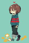  androgynous aqua_background brown_hair closed_eyes flower flowey_(undertale) frisk_(undertale) hand_in_pocket heart higa423 highres shirt shoes sneakers striped striped_sweater sweater tagme undertale 