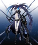  1girl arm_cannon bangs belt bikini_top black_boots black_gloves black_hair black_rock_shooter black_rock_shooter_(character) black_shorts blue_eyes blue_hair blurry boots breasts buckle chain choker closed_mouth coat dual_wielding full_body gloves glowing glowing_eye gradient gradient_background groin hair_between_eyes hair_ribbon katana knee_boots lens_flare long_hair long_sleeves looking_at_viewer midriff pale_skin ribbon scar shorts solo sword twintails under_boob uneven_twintails very_long_hair vkekrdhs weapon 