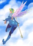  1girl angel_wings blonde_hair blue_boots boots breasts breath_of_fire breath_of_fire_iv clouds dress earrings flying hairband jewelry knee_boots nina_(breath_of_fire_iv) nyantiu outdoors pantyhose short_hair skirt sky solo staff white_wings wings 