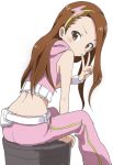  1girl ass brown_eyes brown_hair butt_crack from_side hairband highres idolmaster lightning_bolt long_hair looking_at_viewer midriff minase_iori pink_diamond_765 simple_background sitting sleeveless solo v white_background yamamoto_souichirou 
