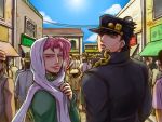  beard black_hair blue_sky building chain clouds earrings facial_hair from_behind gakuran green_eyes hat head_scarf jewelry jojo_no_kimyou_na_bouken kakyouin_noriaki kuujou_joutarou looking_back male_focus pink_hair rajika_(shin3114) school_uniform sky sun turban violet_eyes 