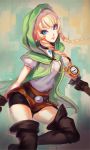  1girl blonde_hair blue_eyes boots brown_boots brown_legwear capelet compass doomfest female gloves highres hood leather_boots leather_gloves linkle long_hair looking_at_viewer pointy_ears sidelocks solo the_legend_of_zelda thigh-highs thigh_boots zelda_musou zettai_ryouiki 