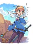  1girl angel_wings blonde_hair blue_boots boots breasts breath_of_fire breath_of_fire_iv dress hairband knee_boots nina_(breath_of_fire_iv) pantyhose short_hair skirt solo staff sword weapon white_wings wings 