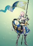  1girl armor armored_boots belt breasts choker cleavage closed_eyes flag highres pauldrons plate_armor profile purple_hair shield short_hair solo standard_bearer sword weapon 