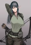  1girl arm_behind_head belt black_hair bow_(weapon) breasts cargo_pants elf green_eyes green_shirt hetza_(hellshock) huge_breasts knife long_hair looking_to_the_side original pants pointy_ears pouch quiver shirt solo utility_belt weapon 