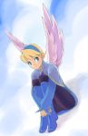  1girl angel_wings blonde_hair blue_boots boots breasts breath_of_fire breath_of_fire_iv dress hairband knee_boots nina_(breath_of_fire_iv) pantyhose short_hair skirt solo staff white_wings wings 