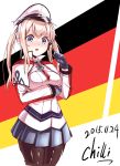  1girl :o artist_name blonde_hair blue_eyes blush breast_hold capelet chilli_(pixiv4810760) dated german_flag gloves graf_zeppelin_(kantai_collection) hat highres kantai_collection long_hair looking_at_viewer miniskirt open_mouth pantyhose peaked_cap pleated_skirt sidelocks skirt solo twintails 