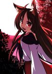  1girl animal_ears bare_shoulders brown_hair dress fang highres imaizumi_kagerou long_hair long_sleeves looking_at_viewer looking_back mankun open_mouth red_eyes smile solo touhou wolf_ears 